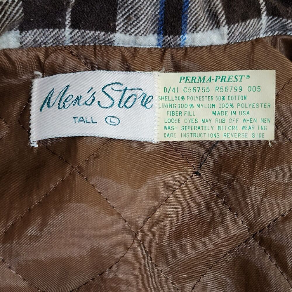 Vtg Perma-Prest Mens Store Plaid Button-Up Shirt Jacket Shacket Brown USA Tall L - Picture 5 of 6